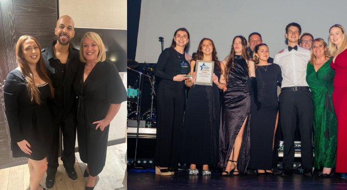 Rachel Hilton with Marvin Humes (left) and Rachel Hilton at the TEAA Awards 2025 (right)